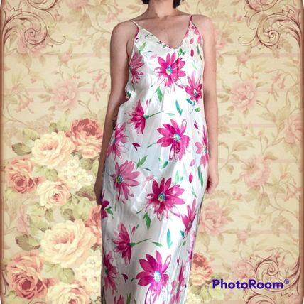 Vintage Pink Floral Satin Dress / Nightgown Estimated Large