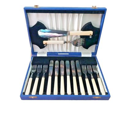 Silver Plated Antique Robert Stewart Cutlery Set with Box and Label