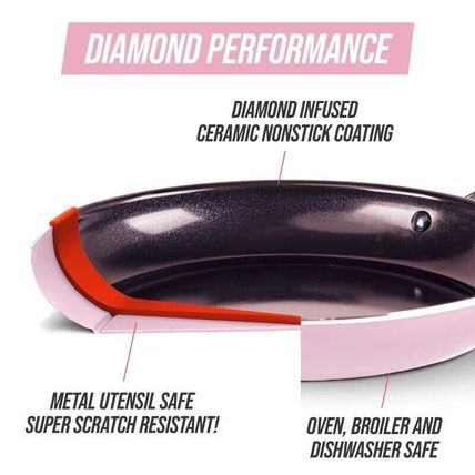 NonStick Cookware Pink Diamond Pans Ceramic 12 Pcs Dishwasher Safe Pink Bake