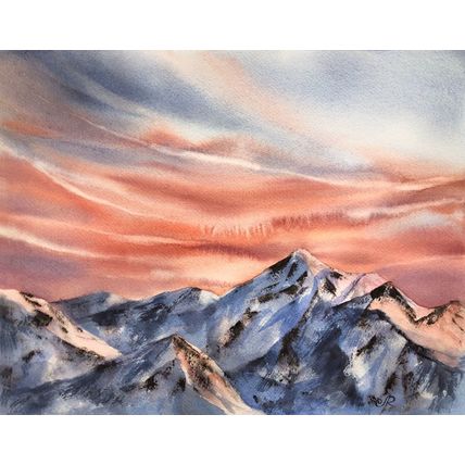 Mountains Original Watercolor Painting Sunset Art