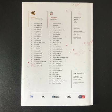 2018-19 WOLVES FC v LIVERPOOL WOLVERHAMPTON WANDERERS BILL SLATER VGC