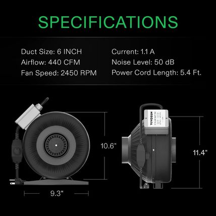 VIVOSUN Z6 6 Inch Inline Duct Fan, 440 CFM Ventilation Fan with Variable Speed C