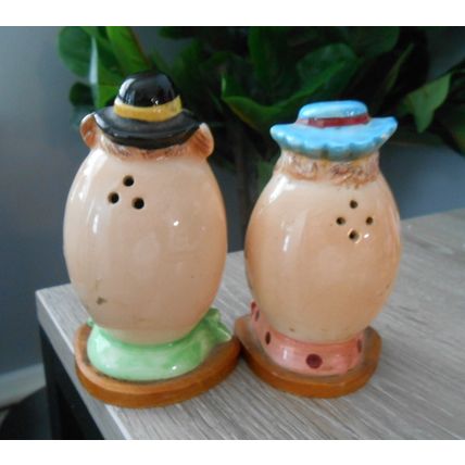 Vintage Salt & Pepper Shakers~Anthropomorphic Mr & Mrs Egg Head Rhinestone Eyes