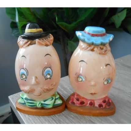 Vintage Salt & Pepper Shakers~Anthropomorphic Mr & Mrs Egg Head Rhinestone Eyes