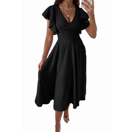 Black Ruffled Sleeve Wrap V Neck Midi Dress