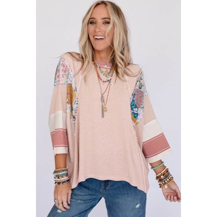 Pink Printed Pinstriped Color Block Patchwork Oversized Top