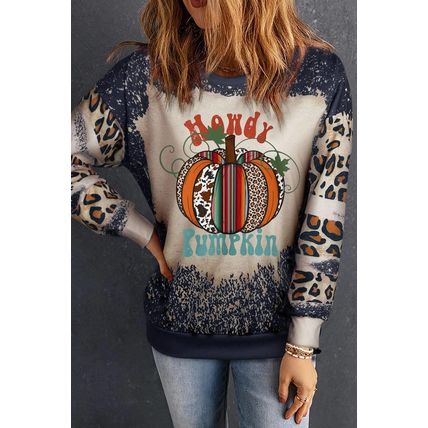 Black Leopard Pumpkin Bleached Halloween Graphic Sweatshirt