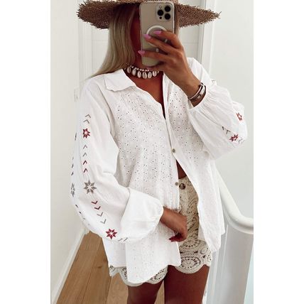 White Floral Embroidered Puff Sleeve Eyelet Patchwork Shirt