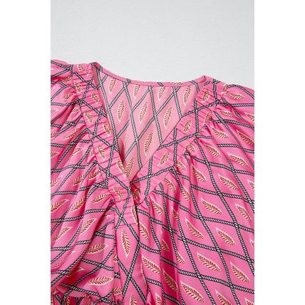Pink Paisley Geometric Print V Neck High Waist Romper