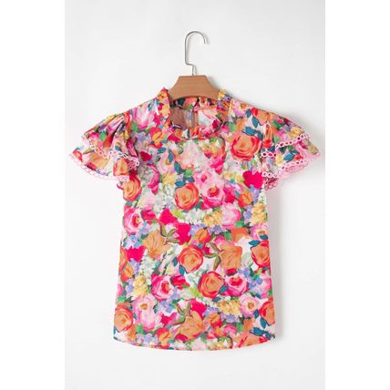 Multicolour Lace Trim Ruffle Short Sleeve Floral Blouse