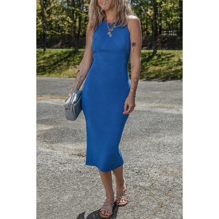 Dark Blue Solid Ribbed Knit Sheath Sleeveless Midi Sweater Dress