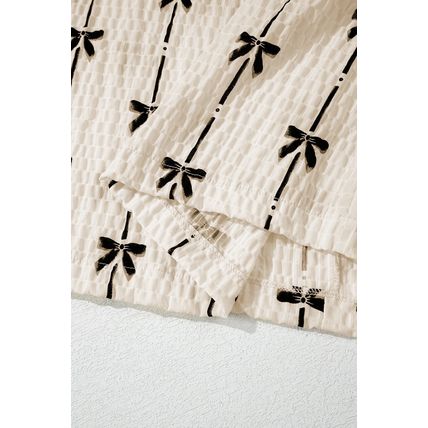 Beige Bow Print Puff Short Sleeve Top