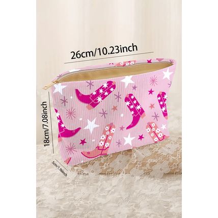 Pink Western Cowboy Boots Star Print Large Makeup Bag
