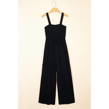 Black Drawstring Wide Leg Cargo Pockets Sleeveless Jumpsuit