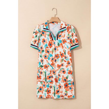 Orange Contrast Trim Floral Split Neck Puff Short Sleeve Tiered Mini Dress