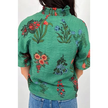 Bright Green Floral Print Buttoned V Neck Short Sleeve Blouse