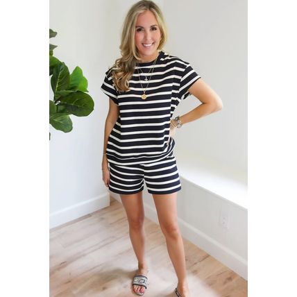 Black White Striped Short Sleeve Top and Shorts Set