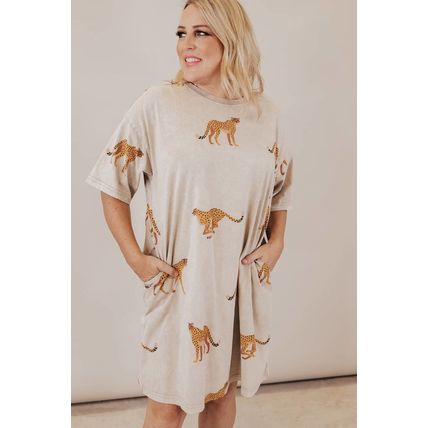 Apricot Plus Size Cheetah Print Side Pockets T Shirt Mini Dress