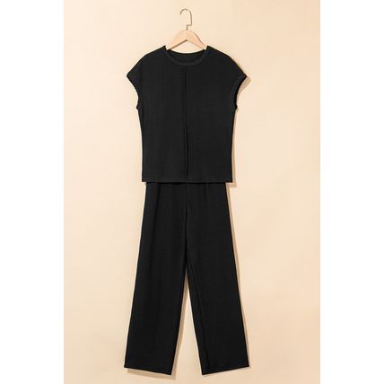 Black Solid Color Corded Short Sleeve Top and Casual Pants Set