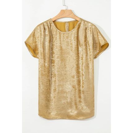Gold Glossy Round Neck Pleated Detail Short Sleeve Blouse