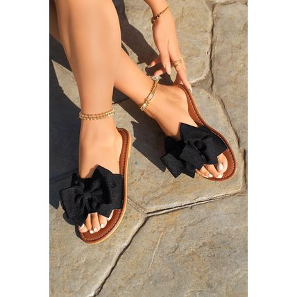 Black Bow Knot Decor PU Leather Insole Flat Slippers