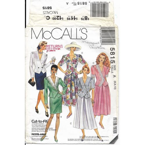 McCalls 5815 Sewing Pattern Misses Two Piece Dress Size 6 8 10 ca. 1992 Used