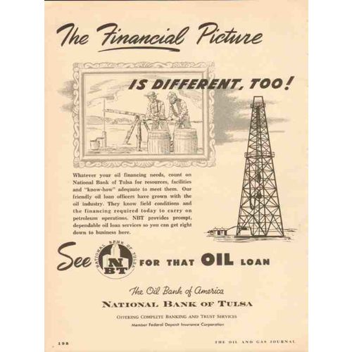 NATIONAL BANK OF TULSA 1953 Financial picture petroleum oil vintage ad