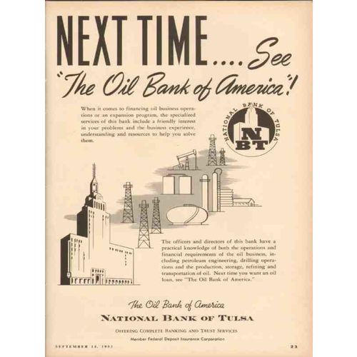 NATIONAL BANK OF TULSA 1953 next time see oil bank america vintage ad