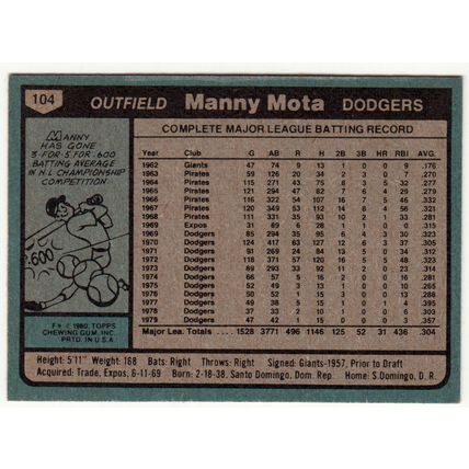 1980 Topps baseball card 104 Manny Mota - Dodgers