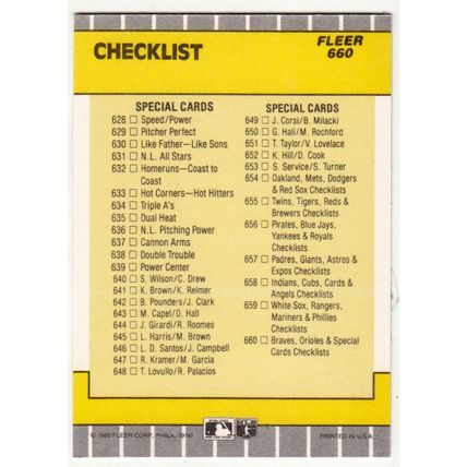 1989 Fleer Baseball Checklist unmarked braves, Orioles, Special Cards card #660