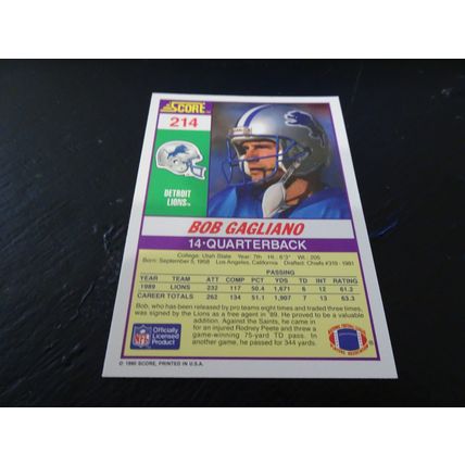 1990 Score Football Card # 214 Bob Gagliano Excellent-Mint (6) Detroit Lions
