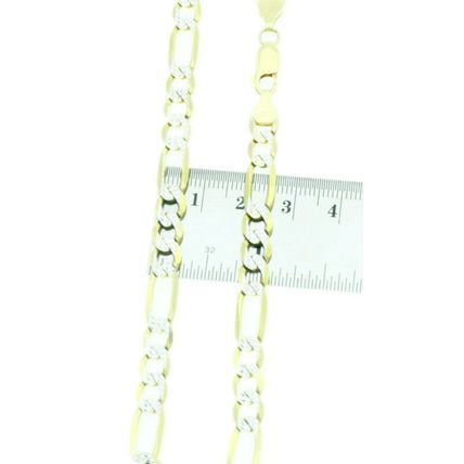 New Real 14K Solid Yellow Gold 7 mm Figaro 2 Tone Pave Link Chain Necklace