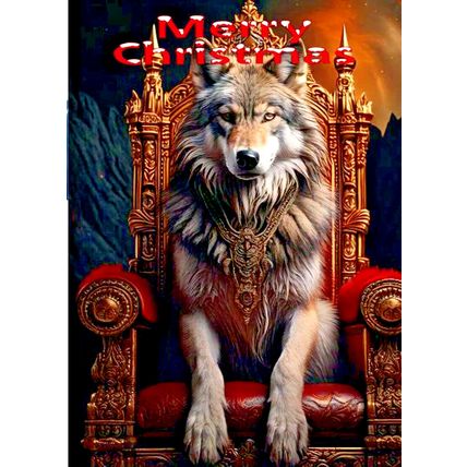 WOLF ON A RED & GOLD THRONE CHRISTMAS CARD AS IT IS OR PERSONALISED & DECORATED