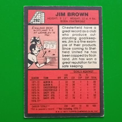 TOPPS FOOTBALL RED BACK 1977 #292 Sheffield United Jim Brown