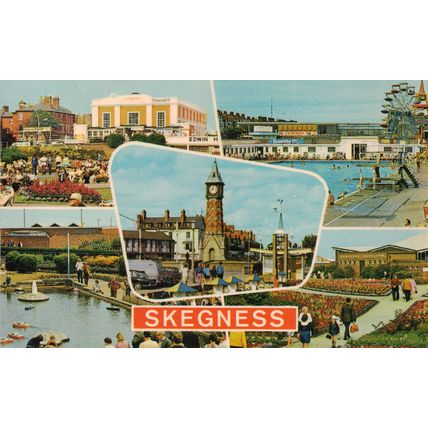 Postcard Skegness multiview. Yachting Pool, Compass Gardens, Bathing Pool