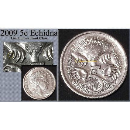 Australia 2009 5c Echidna ~ Die Chip/Cud on Front Claw - Circulated [3a]