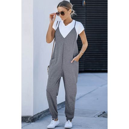 Gray Textured Sleeveless V-Neck Pocketed Casual Jumpsuit