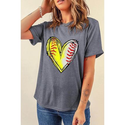 Gray Baseball Heart Shape Print Crew Neck T Shirt