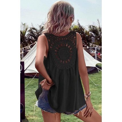 Black Bohemian Crochet Patchwork Sleeveless Tunic
