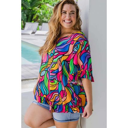 Rose Abstract Print Plus Size Frilly Trim Blouse