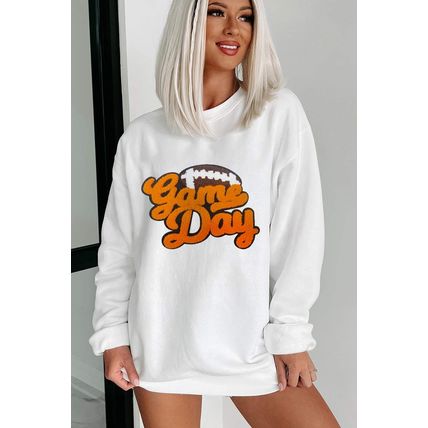 White Chenille Game Day Rugby Football Pattern Pullover Sweatshirt