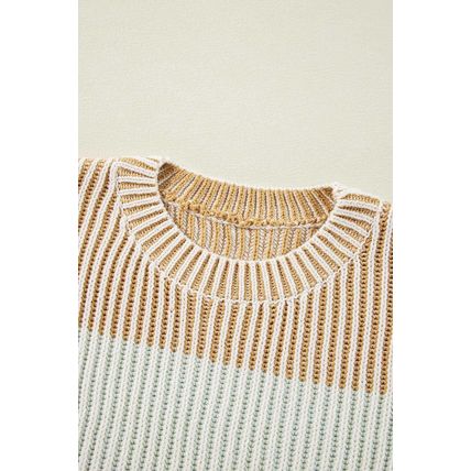 Brown Colorblock Textured Knit Bubble Sleeve Sweater