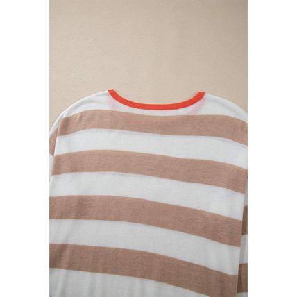 Apricot Colorblock Striped Round Neck Drop Shoulder Sweater