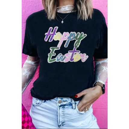 Black Sequined Happy Easter Graphic Tee