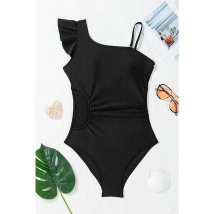 Black Asymmetric Ruffle Shoulder Pleated One Piece Swimsuit
