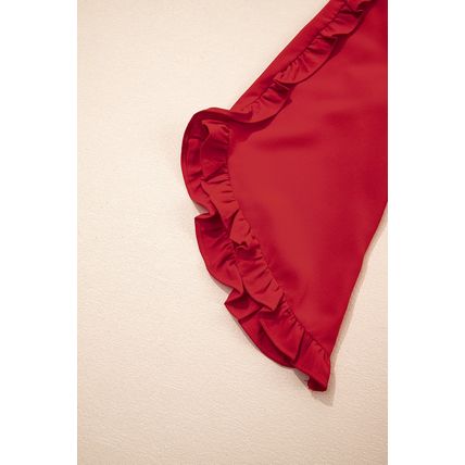 Fiery Red Ruffle Trimmed 3/4 Sleeve Round Neck Blouse