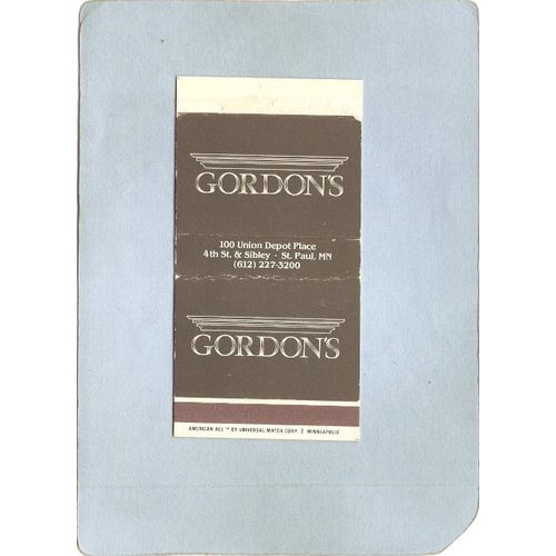 MN St Paul Matchbox Matchcover Gordon's 100 Union Depot Place 4th St & Sib~257