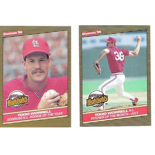 Two 1986 Donruss Highlights Todd Worrell RC baseball cards - #29 & #54