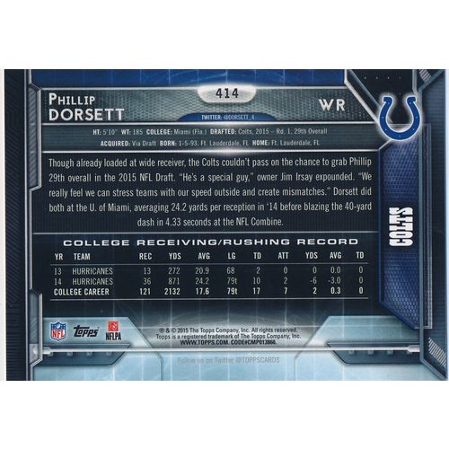 2015 Topps Football 414 Phillip Dorsett RC Indianapolis Colts
