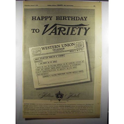 1956 Hilton Hotels Ad - Happy Birthday to Variety